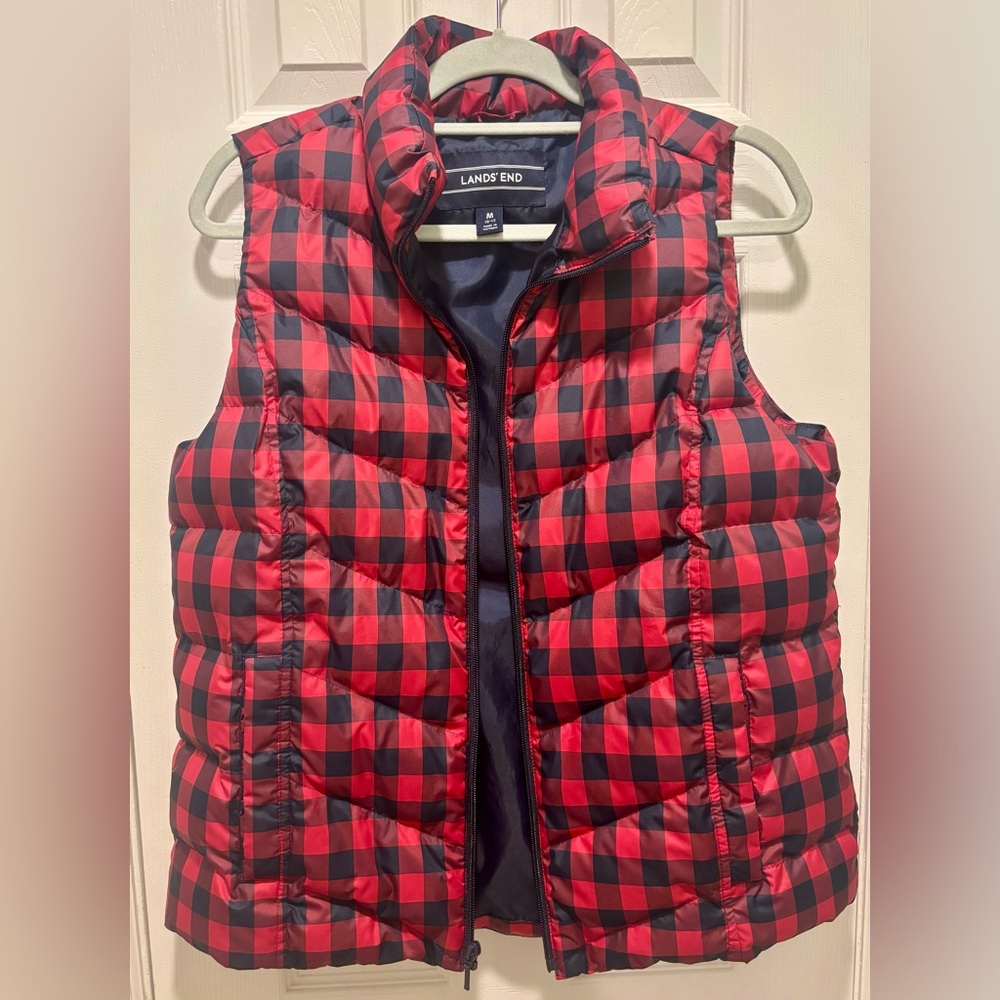 Lands' End Red and Navy Blue Checkered Puffer Down Vest M (10-12)